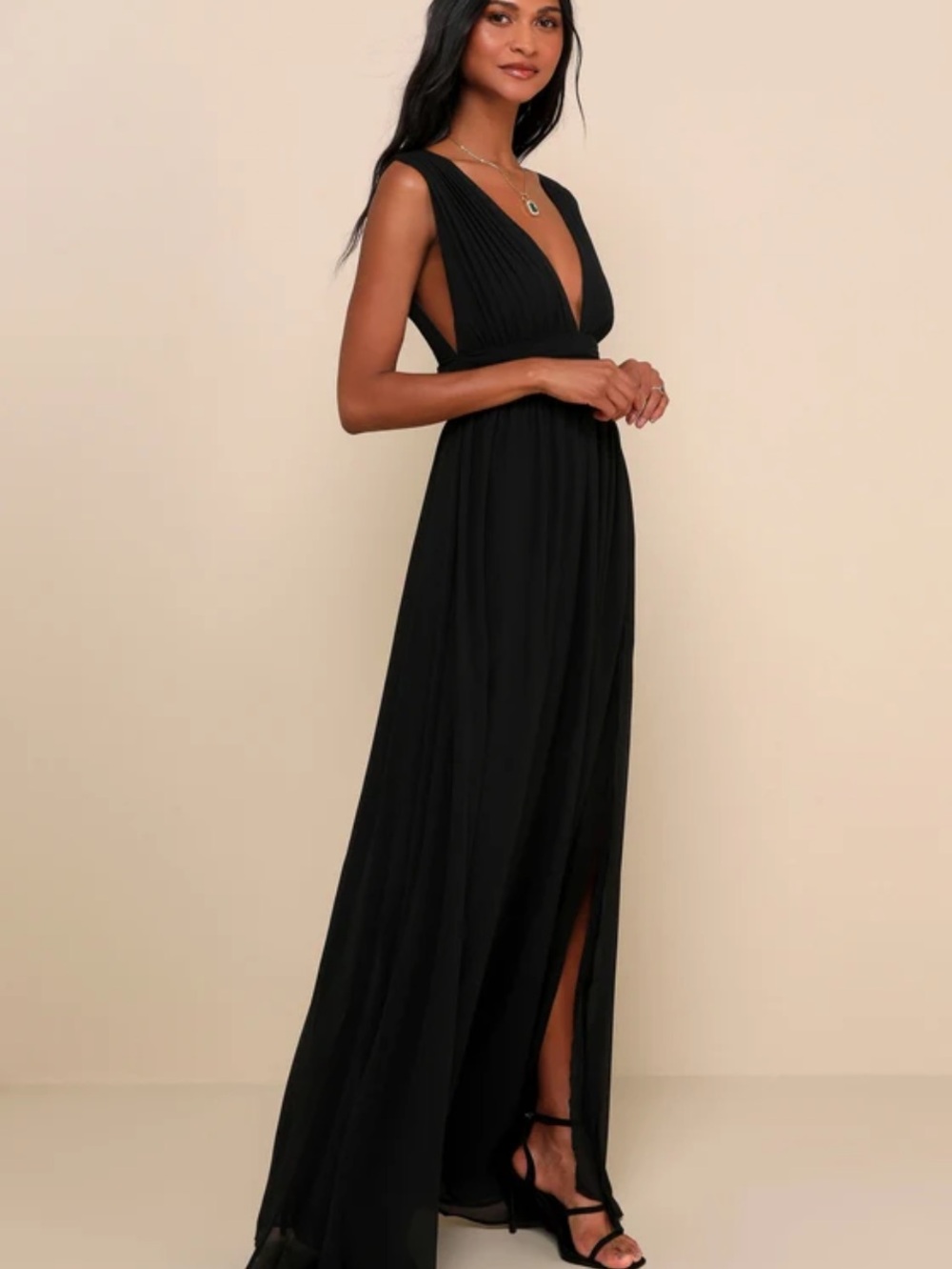 New Lulus Heavenly HuesElegant Black V-Neck Maxi Dress with Thigh Slit Sz Medium - Picture 4 of 8